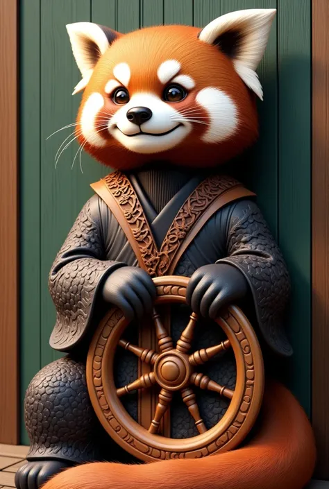 3D carved red panda, depicted as a serene, jovial character, seated in a thoughtful pose.  Large, expressive eyes and a gentle smile contribute to the overall amicable mood.  The panda wears a dark, patterned garment, resembling a robe or tunic, with intri...