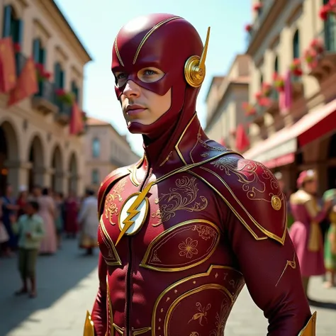 "A Flash costume blended with Italian Renaissance influences, featuring ornate patterns, a high collar, and designs reminiscent of Venetian masks. The backdrop is a grand Italian piazza with a carnival celebration underway