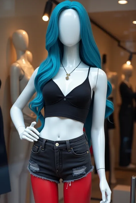 Stylish and smooth 2d style anime mannequin soft white Faceless mannequin,Faceless,with a black sports suit, She also wears a long-haired cyan blue wig.. ., Sensual and open, showing excess skin. black denim shorts,Red thigh high stockings,black sports top...