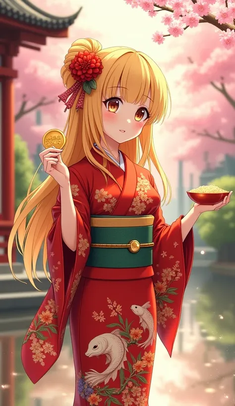 "An anime girl with golden hair, dressed in a traditional Japanese kimono embroidered with symbols of good fortune, such as koi fish, cranes, and bamboo. She holds a lucky coin in one hand, and in the other, she extends a small bowl of golden rice, symboli...