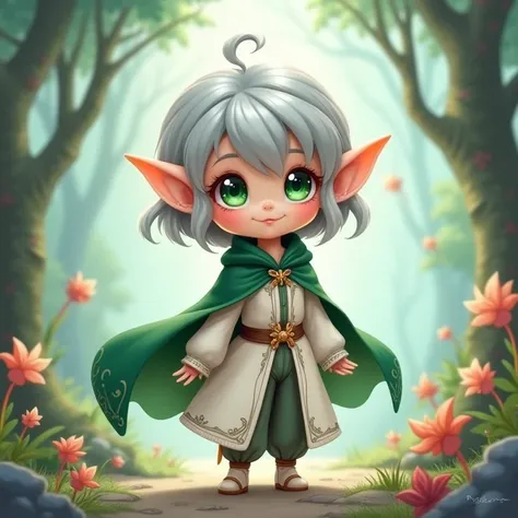 elf, Solo female, silver hair,short hair, medium cut, ahoge, curly hair, green eyes,slender, green cloak, White wizard robe, pants, belt, White globe fair skin, cool mild Smile, fantasy,￼chibi 