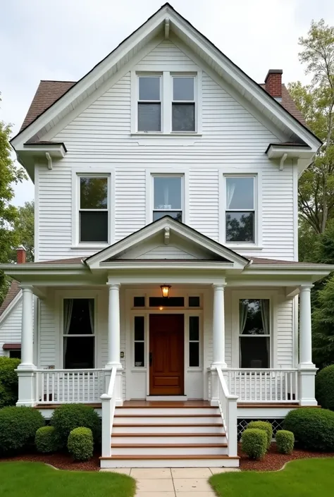 ( A typical American house :1.5) (Gable roof :1.2) ( White facade with wooden details :1.1) ( Front porch with simple columns :1.0) ( Large windows with shutters :1.2) ( Main door with classic design:1.0) ( Steps leading to the porch :1.1) (bottomless:1.5)...