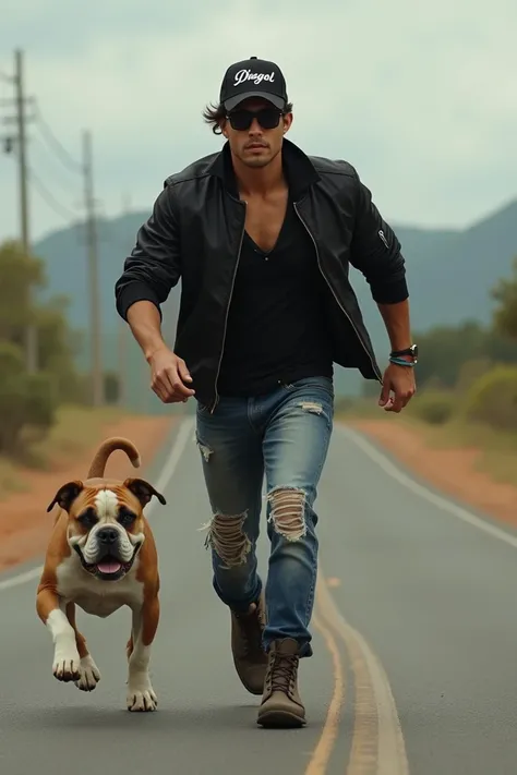 Handsome looking Indonesian man wearing ripped jeans wearing baseball cap with dhegol inscription wearing boots wearing black bomber jacket wearing sunglasses running in pursuit of bulldog dog on lonely road