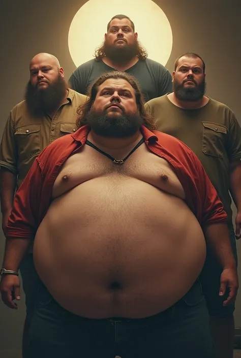 5 fat men 。The 。 in a circle、The 。The character is looking down at the camera 。Realistic images 。  The camera is an angle that looks up at the character from the center of the circle。 looking at the camera