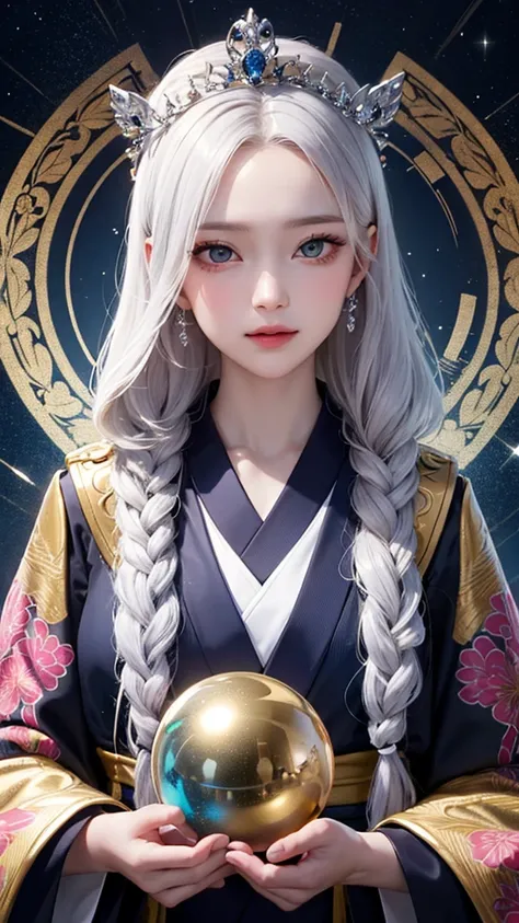 goddess、fortune teller、 one beautiful woman wrapped in hachimaki 、fantastical background with dazzling colorful Rainbow、 beautiful silky silver hair 、Beautiful long-sleeved kimono 、Delicate skin like silk 、 head on、 upper body only、 tiara 、flower、Real anim...