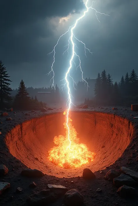 An artistic representation of a hypothetical scene where all lightning strikes converge at a single point on the ground, creating a massive explosion. The image should depict a large crater in the ground surrounded by charred trees and debris. Bright, glow...