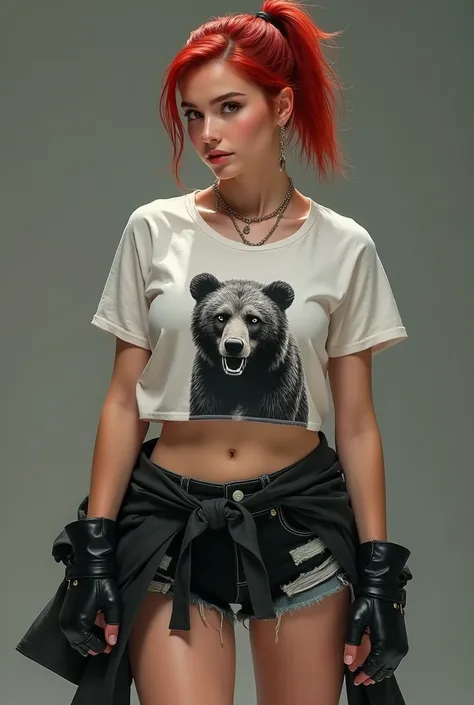 • 30s • Female • Red hair, short ponytail • Clothing style consists of a white bear print shirt with black denim shorts and white sneakers. • Red eyes • Pinky ring • Fair skin tone • Fighter • Confident • Great listener with a motherly personality (either ...