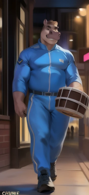 Solo, female Tall​,mannequin, standing, street,hippo ​,Holding a drum kit, blue military spacesuit, overweight, muscular, silent ,by chunie