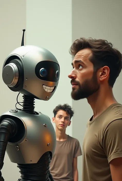 The robot on the left smiles   ,  the man with the right is perplexed ,ren watching in the background 
