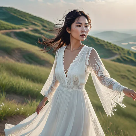 A portrait of a young Asian woman standing on a hilltop, wearing a flowing white maxi dress with delicate lace details. Her hair and dress move gently in the breeze, with a vast open sky in the background, evoking a dreamy atmosphere, (8k, RAW photo, best ...