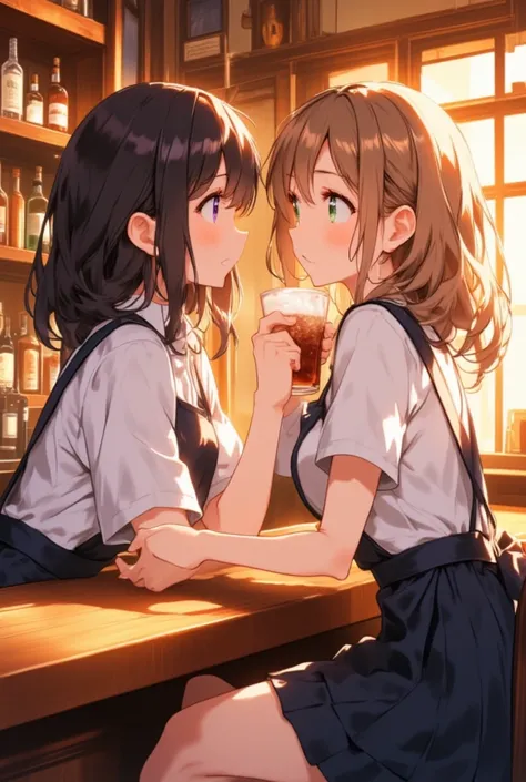 Two anime girls, barmaids in uniform, interact at a wooden bar. Dark-haired girl, with purple eyes, and light brown-haired girl, with light green eyes, are sharing a drink.  Close-up perspective, emphasizing the interaction.  The girls are in mid-conversat...