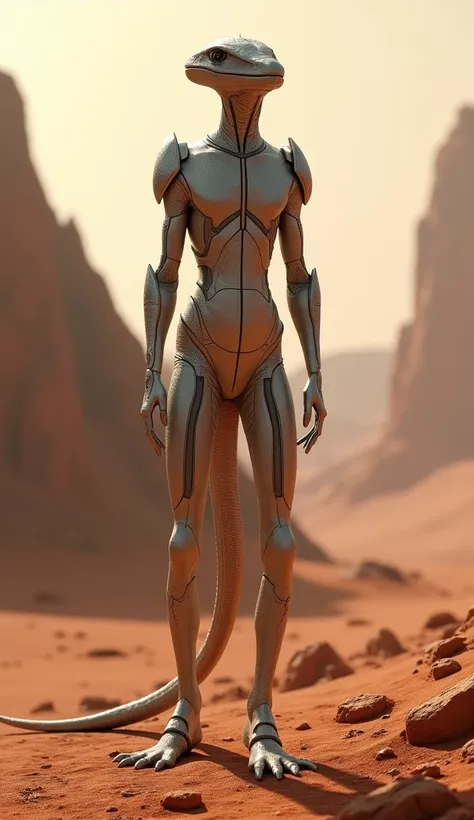 елегантный высокий стройный изчщный Lizard Man on Mars, futuristic spacesuit