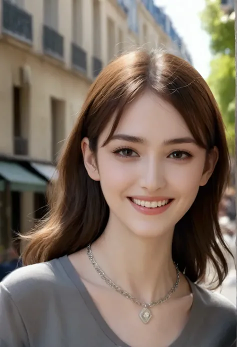 ((Downtown Paris、 real light 、top-quality、8k、​masterpiece:1.3))、 one girl 、smile、 SLIM BEAUTY :1.4、 dark brown hair 、Grey polo shirt、 Thin Silver Necklace 、 detailed eyes on board、 zoom out、Beautiful Jewish Woman 、Showing teeth、(( facing the front:1.3))、Th...