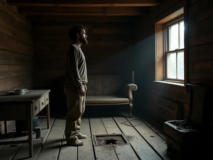 room, old dirty furniture, cabin interior ,  wooden walls , открытый floor hatch ,  man looks out of the cellar, wooden floor,  man looks out of the cellar, A bearded man , dirty clothes,  dirty hair, floor hatch . dark interior, darkness. 