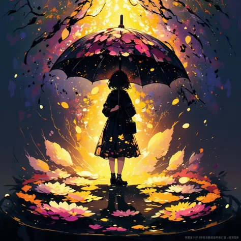 
1girl(holding umbrella(transparent,mass amount of petals decorate umbrella)), mass amount of petals filling in the air. petals cover ground. minimalism, simplism