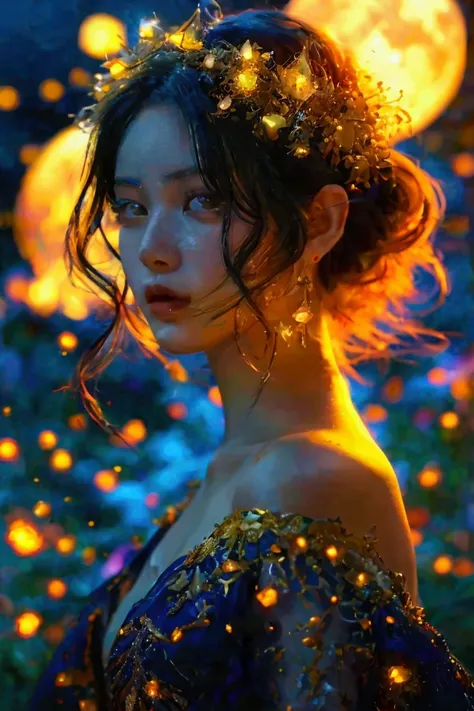 A full-body portrait of a woman in a moonlit garden, silk gown shifting colors, adorned with crystal-adorned midnight yellow hair.bare skin