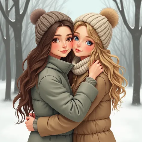  Illustration of a beautiful young woman ,  long brown hair,  brown eyes ,  white skin , fine features,  dressed in winter embracing another girl with blond hair,  blue eyes ,  white skin , European features , fine features. Both women dressed in winter , ...