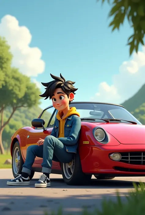 A 15year boy 3D illustration of an animated character sitting casually on front of a farari car  . The character must wear casual moder clothing such as jeans jackets and sneakers shoes. The background of the image is a natural. Write shivam on the car . M...