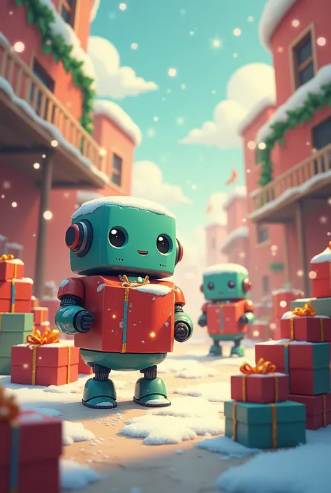 Cute fantasy art, Christmas presents being packed, Christmas presents being brought in on a conveyer belt, cute robots with round faces and square bodies working, factory scenes, fluffy picture book-like style in pastel colors,