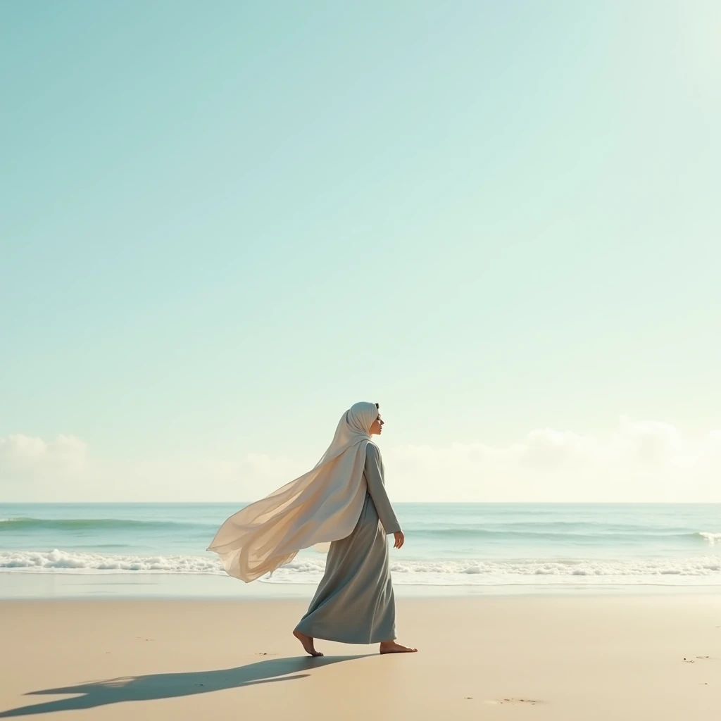 A islamic woman being patience, beach, walking away 