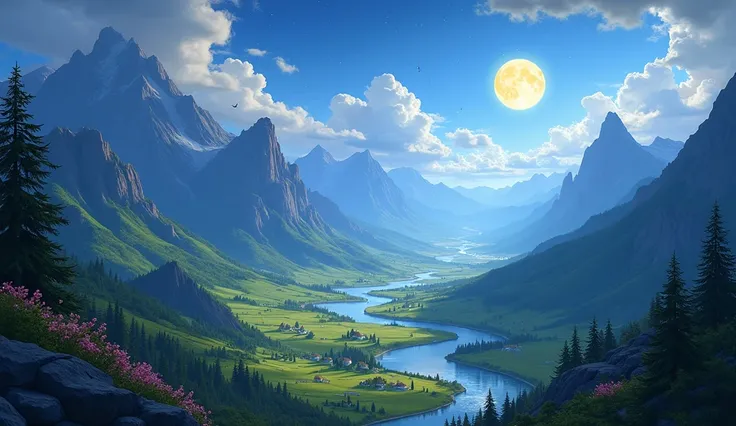  an image for a cartoon story of Disney-style YouTube videos, in Pixar format : Elfendalia :   Panoramic view of a magical kingdom with winding rivers,  blooming valleys ,   with mountain peaks ,   with mysterious forests and fluttering magical creatures ....