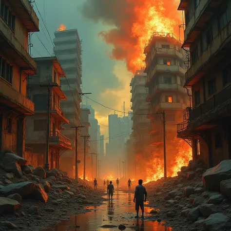 To make a city like Santos-SP destroyed and fire in a surrealist art form