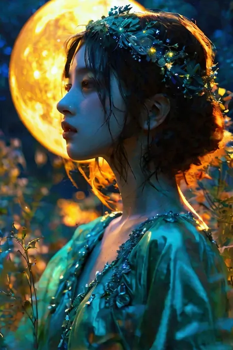 A full-body portrait of a woman in a moonlit garden, silk gown shifting colors, adorned with crystal-adorned midnight green hair.bare skin