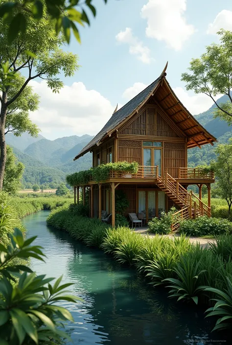 Simple high bamboo cottage at the farm nearby hill near the river in borneo style