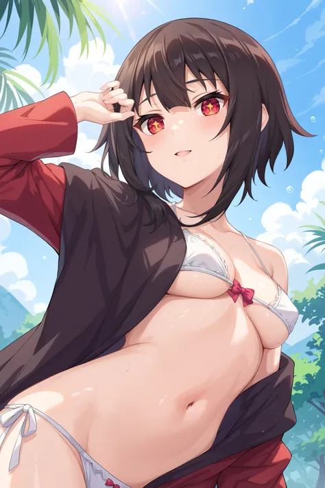 NSFW,masterpiece, best quality, high definition , Very detailed,Megumin( bless this wonderful world), short hair、 black hair、Red Eye、 siderock 、 long rock