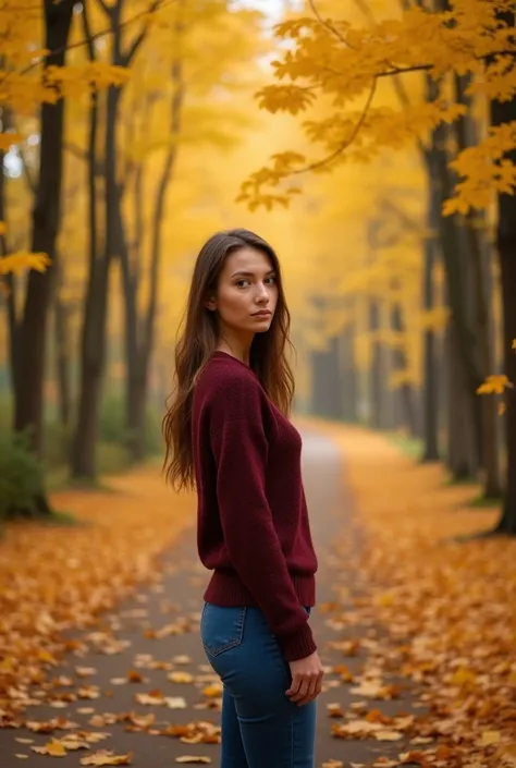 

" A woman stands on a path in the middle of the autumn forest ,  with golden yellow trees and leaves strewn on the ground.  He is wearing a dark red sweater and blue jeans ,  staring directly at the camera with a calm expression .  Sunlight breaks throug...