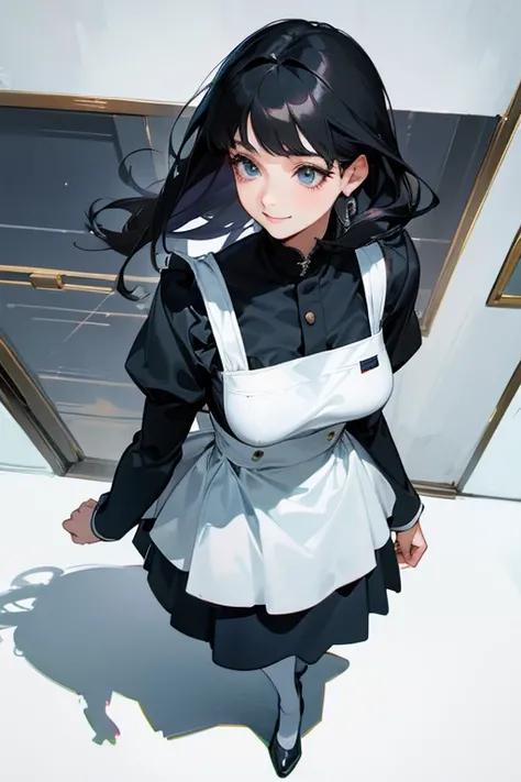 (   highest resolution,  clear _image)     best quality , One woman, Alone, masterpiece,    very detailed, Semi-realistic,    black hairのショートヘア,    black hair, bangs, 1, Mature, light blue uniform, uniform, 私ndoor Background, kind, Dignified, Powerful,   E...