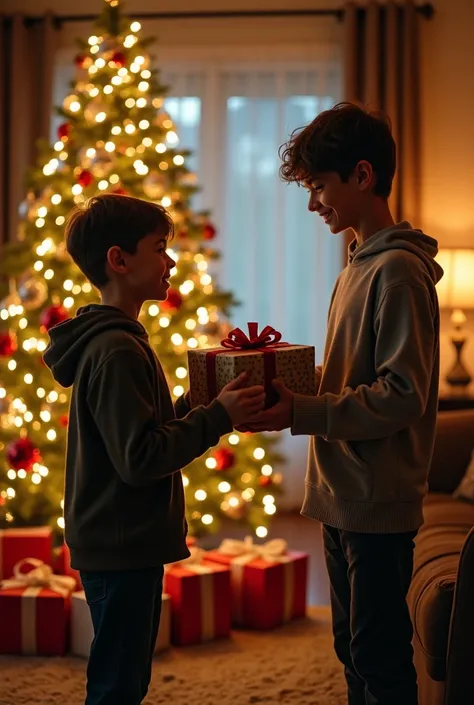  in  living room featuring a beautifully decorated Christmas tree with ornaments, glowing lights, and presents underneath. An  boy, is cheerfully handing a wrapped gift to a  boy who is very poor and he is wearing rags and poor cloths. The boy’s expression...