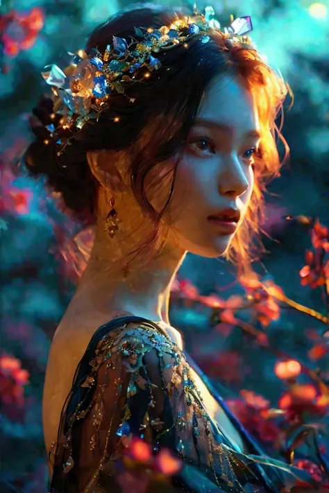 A full-body portrait of a woman in a moonlit garden, silk gown shifting colors, adorned with crystal-adorned midnight red hair.bare skin