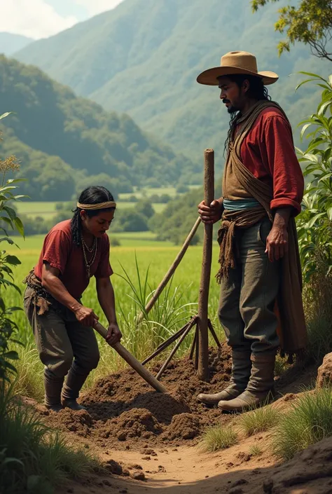  You can make a representation of the Yanaconazgo could be an indigenous working on a plantation or a farm with a Spanish colonizer.  Show the indigenous person performing agricultural tasks  (how to sow or harvest )  and the colonizer supervising .  You c...