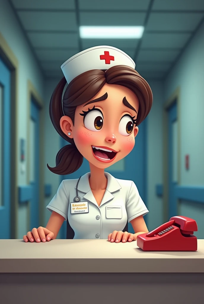 Trisha is seated at the hospital reception desk, wearing a white nurse uniform. Her face shows mild concern. The background features a dimly lit corridor and a red telephone on the desk.

All cartoon type image.