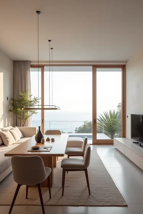  minimalist luxury living room , warm and white . That it has a long table with chairs where you can share a meal and a sofa and low table where you can relax.  That the space overlooks nature and the sea 