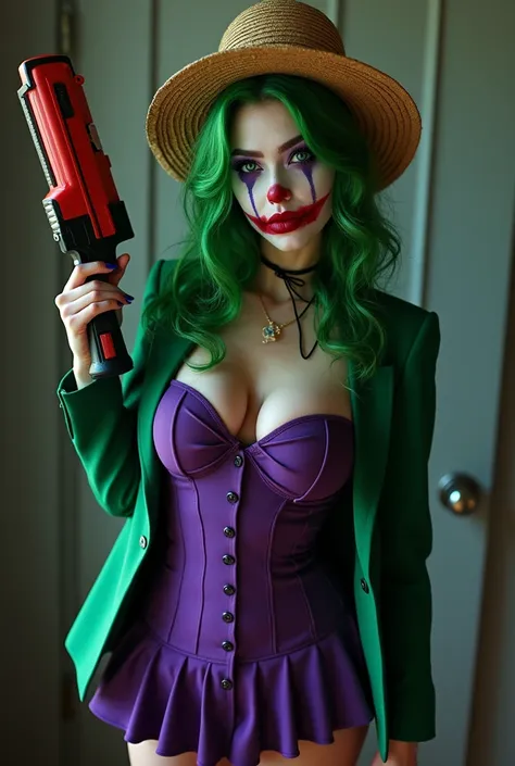 Photorealistic, high resolution, Japanese woman, busty, double d cup, heavy clown makeup, Hips up, (Detailed face), long curly hair, Green hair, (extremely detailed), Dressed as The Joker. Straw hat, purple and green clothes. corset bodice, skirt and stock...