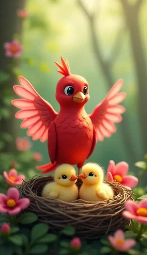 A vibrant red bird with delicate pink flower-like wings stands protectively over two baby chicks in a nest. The scene is set against a softly blurred background of green foliage and flowers, creating a serene and nurturing atmosphere.