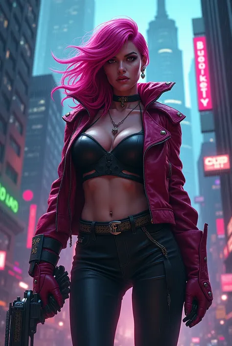 Image du personnage Vi de Lol avec le thème de skin Crime City déjà présent dans le jeu. Je veux que limage soit fidèle au personnage et aux splash art de skin du jeu (fond 2D par exemple)