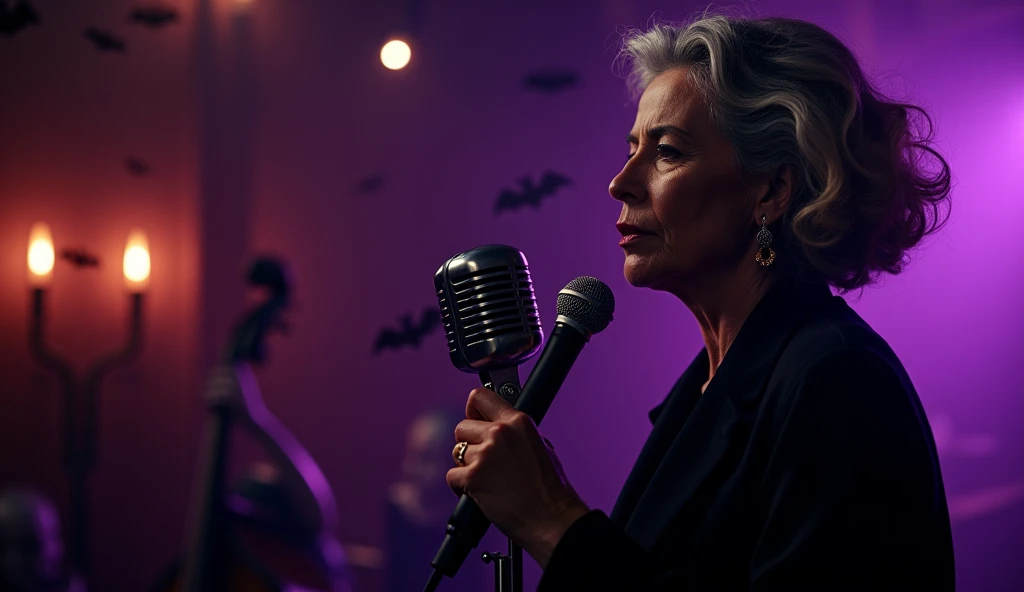 Create a stylized and impactful image for a YouTube video thumbnail. The scene should capture the spirit of jazz with a mysterious and captivating female vocal. Include a middle-aged jazz singer with elegant features, dressed in dark tones with a touch of ...