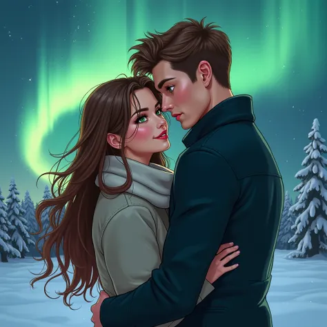 Illustration of a beautiful young woman, long brown hair, brown eyes, white skin, fine features, dressed in winter hugging a man with light brown hair, green eyes, white skin, European features, fine features. both dressed in winter, reflect a beautiful co...