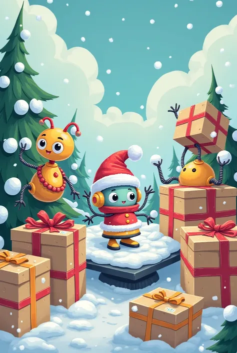 Cute fantasy art, Christmas presents being packed, Christmas presents being brought in on a conveyer belt, cute robots with round faces and square bodies working, factory scenes, fluffy picture book-like style in pastel colors,