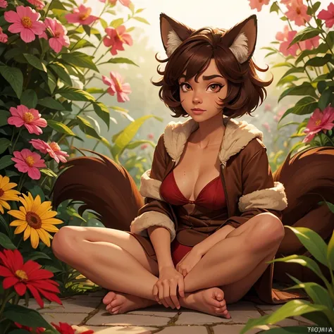 fox, (monster girl), long brown ears with darker brown inside, brown fur, tan neck fluff, brown fluffy tail with a tan tip, large brown eyes, wearing modest clothing, red thongs, sitting in a flower garden, masterpiece, best quality