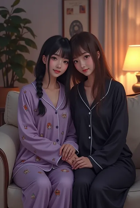 White Asian woman with black hair in a loose braid wearing a light purple cartoon pajamas sitting reading on the lap of a white Guava woman with chocolate straight hair, light brown eyes wearing black long skirt pajamas, sitting on a large chair in the liv...