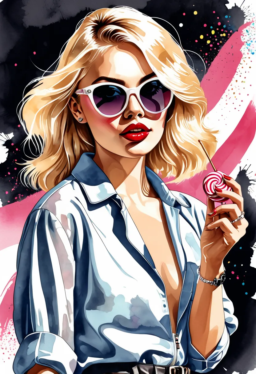 watercolor,  vector style illustration of a stylish blonde girl wearing cat eye sunglasses , She is wearing cat eye sunglasses , White background. Isolated subject 、 vintage vibe 、Oil Painting Atmosphere 、The touch of oil painting、( hip hopシーン)  hip hop、Ba...