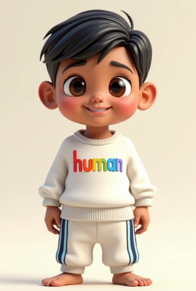 Human  with black-brown eyes with light brown skin fringe on right side skin arms wearing white shirt label human kind with rainbow on top of the word and sweatpants with blue stripes and black stripes on the sides of pants upper teeth smile