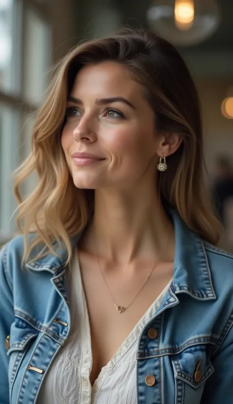 A 35-year-old woman with natural beauty, wearing a casual blouse and denim jacket, looking thoughtfully into the distance.