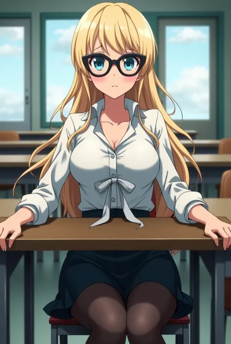 screenshot of my hero academia, light blonde hair,  bright blue eyes, (((oversized cat-eye glasses))), The shirt tied at the waist revealing her slim and curvy waist, slim with huge breasts, ((huge sexy breasts)), sitting at a table in a classroom, wears a...