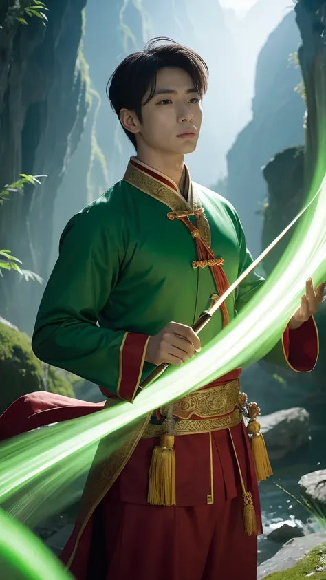 manhua art. A handsome Chinese man, dressed in red and white manhua-style martial artist attire, playing a jade bamboo flute horizontally. The background features a breathtaking world transformed into jade, with landscapes and structures glowing in various...