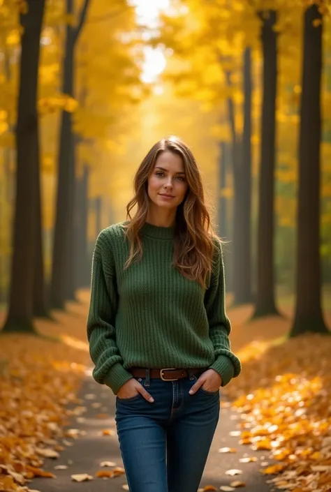 

" A woman stands on a path in the middle of the autumn forest ,  with golden yellow trees and leaves strewn on the ground. He was wearing a green sweater and blue jeans,  staring directly at the camera with a calm expression .  Sunlight breaks through th...